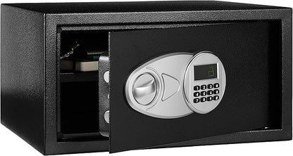 Amazon Basics Steel Security Safe and Lock Box with Programmable Electronic Keypad, for Valuables, Cash, Jewelry, Documents, Black, 1 Cubic Foot, 16.9-x-14.6-x-9.1-inches (WxDxH)
