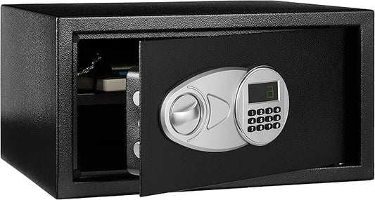Amazon Basics Steel Security Safe and Lock Box with Programmable Electronic Keypad, for Valuables, Cash, Jewelry, Documents, Black, 1 Cubic Foot, 16.9-x-14.6-x-9.1-inches (WxDxH)