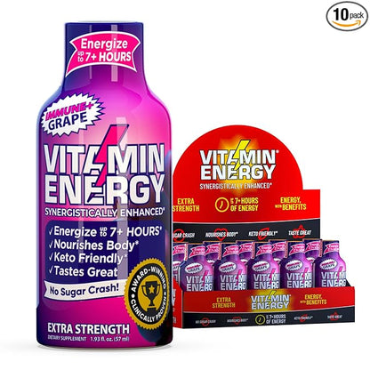 Vitamin Energy Immune+ Extra Strength Energy Shot Grape 10 Pack, 260mg Natural Caffeine, B-Vitamins, Citicoline, Green Tea, Immunity & Focus Support, Zero Sugar, Gluten-Free 1.93 fl oz