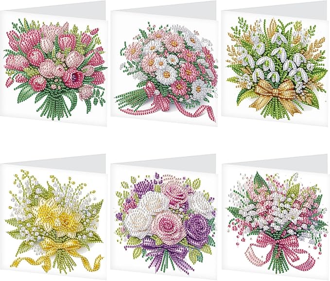 6pcs Diamond Art Painting Postcards with Envelope, Bouquet Pattern Daily DIY Handmade Greeting Cards Wishing Cards for Special Occasion Festival Craft Gift