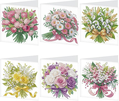 6pcs Diamond Art Painting Postcards with Envelope, Bouquet Pattern Daily DIY Handmade Greeting Cards Wishing Cards for Special Occasion Festival Craft Gift