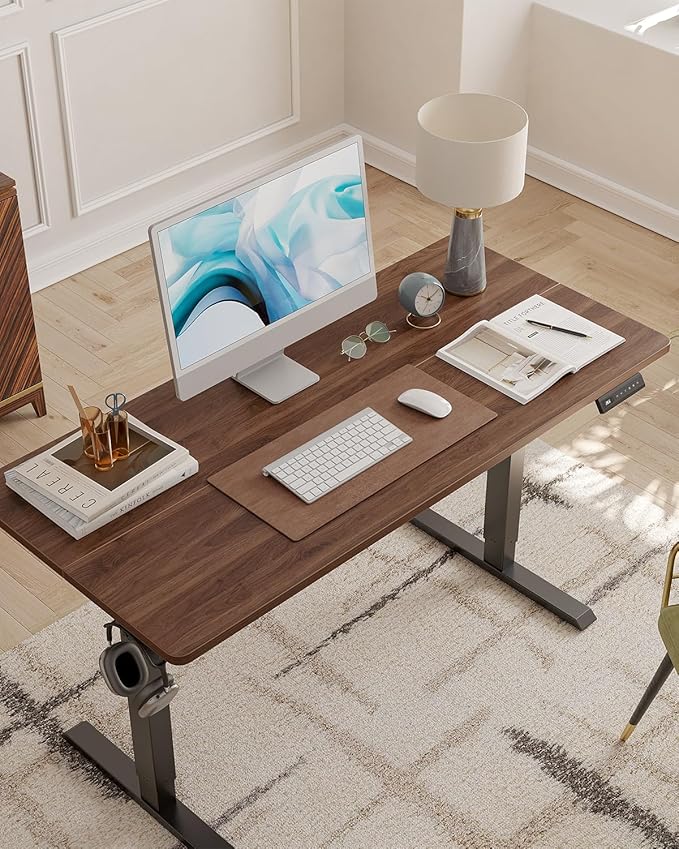 FEZIBO Standing Desk, 55×28 Inches Electric Height Adjustable, Sit Stand Up, Computer Office Desk with Splice Board, Black Frame/Black Walnut TOP