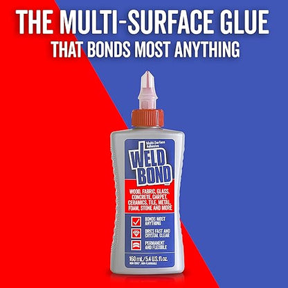 Weldbond All Purpose Glue, Bonds Most Anything! Non-Toxic Glue, Use as Wood Glue or on Glass Crafts Ceramic Mosaic Porcelain Tile Stone Fabric Carpet Metal & More. Dries Crystal Clear 5.4 oz / 160 ml