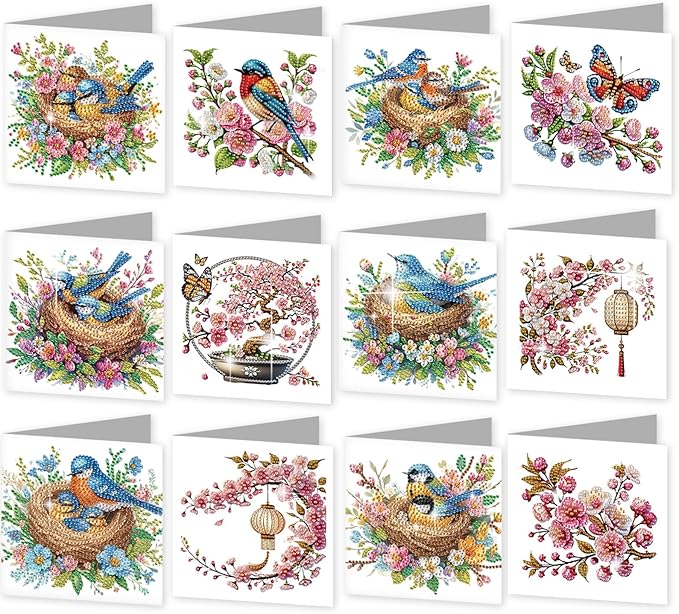jinglinhh 12pcs Diamond Art Painting Bluebird Flowers Greeting Cards with Envelopes, DIY Card Making Kits for Adults, Diamond Art Christmas Cards for Birthday Holiday Postcards Craft Gifts