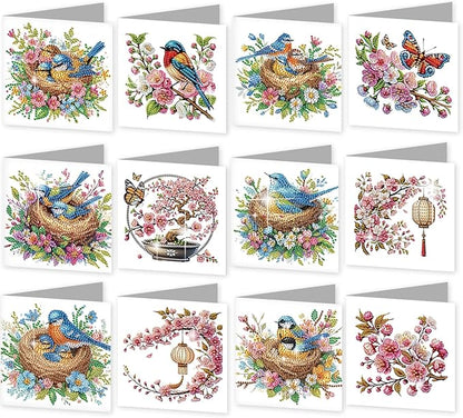 jinglinhh 12pcs Diamond Art Painting Bluebird Flowers Greeting Cards with Envelopes, DIY Card Making Kits for Adults, Diamond Art Christmas Cards for Birthday Holiday Postcards Craft Gifts