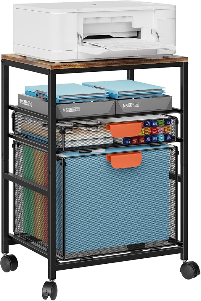 Marbrasse Rolling File Cabinet with Handle, Mobile File Cabinet on Lockable Wheels, Office Filing Cabinet Organizer, Printer Stand with Hanging File Folder Organizer for Home Office - Black