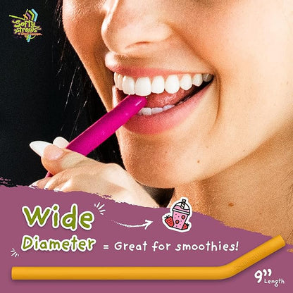 Wide Premium Reusable Silicone Drinking Straws + Patented Straw Squeegee - 9” Long With Curved Bend for 20 30 32 oz Tumblers Non Rubber, Flexible, Safe for Kids/Toddlers, Smoothie