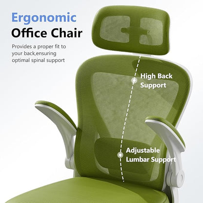 Computer Desk Chair, Ergonomic Office Chair M903 with Wheels, High Back Mesh Office Chair with Adjustable Lumbar Support, Headrest, Flip-Up Armrests, Green