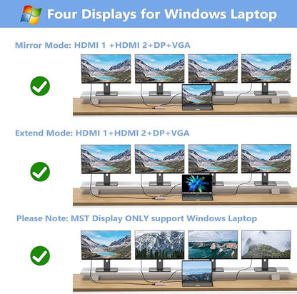 USB C Docking Station Dual Monitor Adapter for Dell HP, Laptop Docking Station 3 Monitors Quadruple Display USB C Hub Dongle to 4K HDMI+DisplayPort+VGA,3 USB2.0,100W PD, 8 in 1 Thunderbolt Dock