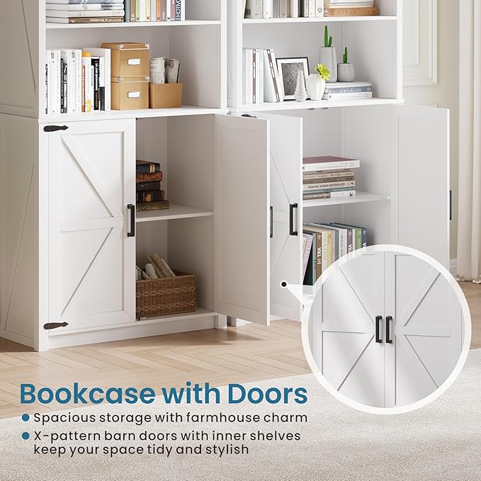 HWB Bookshelf and Bookcase with Doors, Farmhouse 5 Tier Book Shelves with Storage Cabinet, Floor Standing Bookcases with 3-Color Lights for Home Office, Living Room, Bedroom, White
