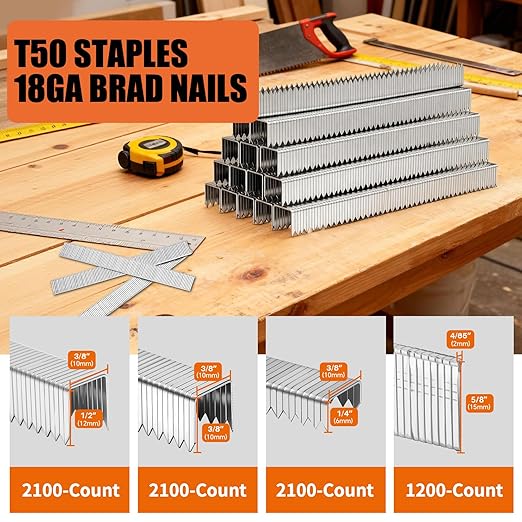 Heavy Duty T50 Staples & 18GA Brad Nails Combo Kit, 7500-Count, 3/8" Crown T50 Staples with Toothed Chisel for Staple Gun (1/4, 3/8, 1/2 Inch) + 18 Gauge Brad Nails (5/8 Inch)