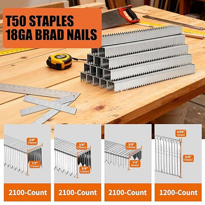 Heavy Duty T50 Staples & 18GA Brad Nails Combo Kit, 7500-Count, 3/8" Crown T50 Staples with Toothed Chisel for Staple Gun (1/4, 3/8, 1/2 Inch) + 18 Gauge Brad Nails (5/8 Inch)