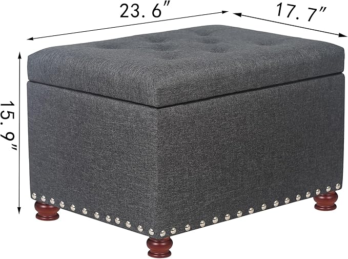 Adeco 24" Rectangular Fabric Storage Ottoman, Button Tufted Accents Linen Bench with Storage, Rivet Footstool with Wooden Legs and Safety Close Hinge for Living Room Bedroom Entryway