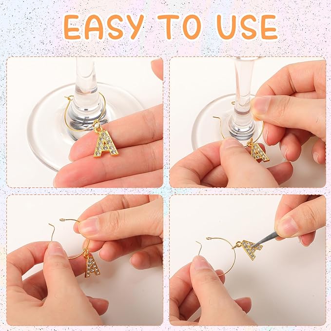 Junkin 26 Pcs Wine Glass Charms Markers Tags for Stem Glasses Drink Markers Wine Charm Ring Identifier for Wedding Bachelorette Tasting Holiday Party Favor Decoration (Gold Letter)