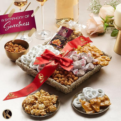 KREMERY Creamy Chocolate Cravings - Thanksgiving Chocolate Covered Pretzels & Caramel Popcorn Gift Basket, in Seagrass Tray + Ribbon (Classic, 1.5 lbs) Holiday Xmas Christmas