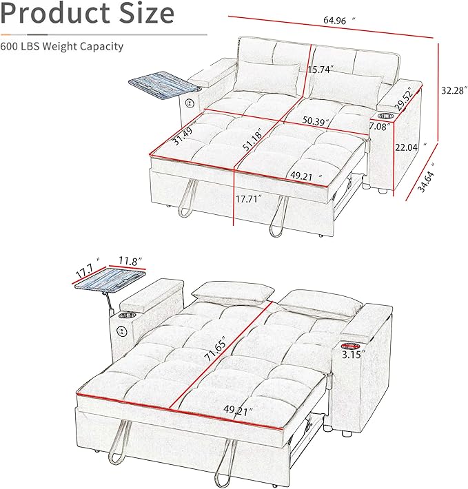 65'' Convertible Sleeper Sofa Bed with Adjustable Backrest, Chaise Lounge, Side Table & USB/Type-C Ports – Stylish & Functional Addition to Any Living Room (Light Grey-1)