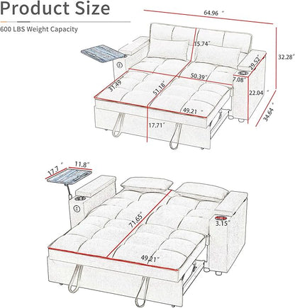 65'' Convertible Sleeper Sofa Bed with Adjustable Backrest, Chaise Lounge, Side Table & USB/Type-C Ports – Stylish & Functional Addition to Any Living Room (Light Grey-1)