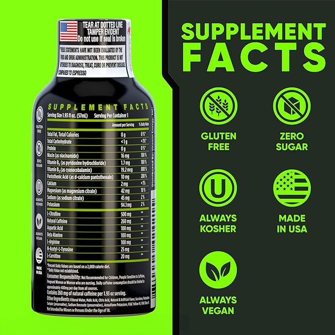 Vitamin Energy Workout+ Extra Strength Energy Shot Sour Apple 12 Pack, 260mg Natural Caffeine, Pre-Workout, B-Vitamins, Minerals, Endurance & Performance, Zero Sugar, Gluten-Free, Vegan, 1.93 fl oz