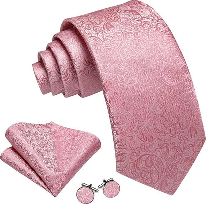 Barry.Wang Tie Sets for Men Silk Solid Necktie Stain Ties Handkerchief Pocket Square Cufflinks Wedding Business Dyed
