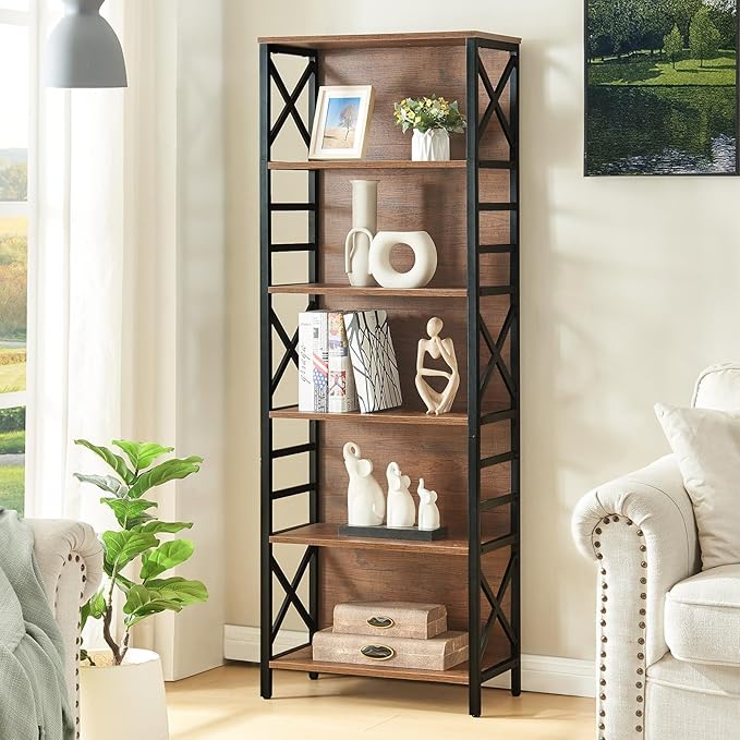 HOMBAZAAR 6 Tier Bookshelf, 65.8 Inch Tall Rustic Bookshelf with Metal Frame, Industrial Heavy Duty Bookshelves and Bookcases, Open Book Shelf for Office, Living Room and Library, Brown