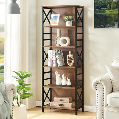 HOMBAZAAR 6 Tier Bookshelf, 65.8 Inch Tall Rustic Bookshelf with Metal Frame, Industrial Heavy Duty Bookshelves and Bookcases, Open Book Shelf for Office, Living Room and Library, Brown