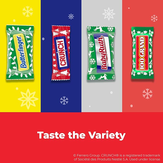 Butterfinger, CRUNCH, Baby Ruth, 100 Grand Assorted Fun-Size Bars, Individually Wrapped Holiday Candy, 80 Count, 30.5 oz