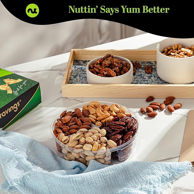 NUT CRAVINGS - Thanksgiving Mixed Nuts Gift Basket in Green Gold Box (4 Assortments) Holiday Xmas Christmas Food Arrangement, Healthy Snack Care Package, Food Assortments