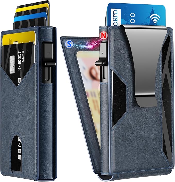 Wallet for Men Slim RFID Blocking-Metal Smart Pop-Up Credit Card Holder with 2 ID Windows, Holds 8-10 Cards,Bifold Compact Minimalist Front Pocket Wallet & Money Clip,Men's accessories (Blue)