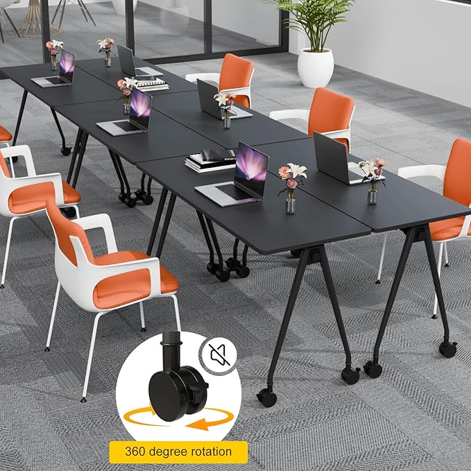 Folding Conference Table, Rectangular Conference Room Tables, Mobile Modular Training Table, Solid Steel Frame,Thickened Panel,for Offices,Meeting Room,Offices andSchools (4, A-Black, 55in)