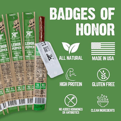Righteous Felon Meat Sticks | 100% Turkey Sticks | Gluten Free & Keto Meat Sticks | Low Sugar & High Protein Turkey Sticks | Healthy Snack for Adults | Jerky Gifts for Men | Lemon Pepper, 24 Pack