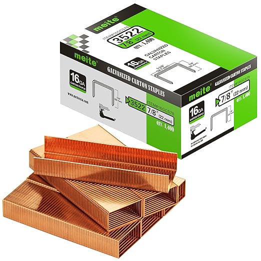 meite Carton Closing Staples 16 Gauge 7/8" Wide Crown Copper-Coated Box Staples for Pneumatic or Manual Staple Gun Cardboard Packaging, 3/4" Length, 14000PCS
