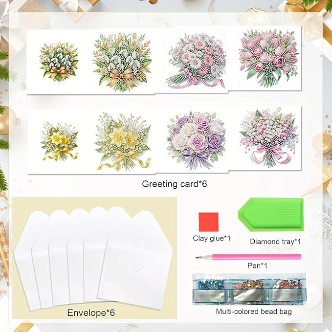 6pcs Diamond Art Painting Greeting Card Kit, DIY flowers Diamond Art Greeting Cards for Blessings and Wishes Special Shaped Diamond Greeting Card Arts Crafts for Christmas Birthday Thanksgiving Day
