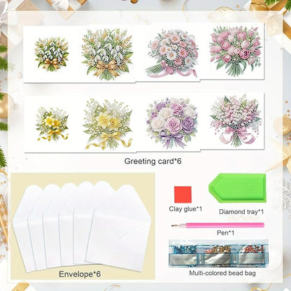 6pcs Diamond Art Painting Greeting Card Kit, DIY flowers Diamond Art Greeting Cards for Blessings and Wishes Special Shaped Diamond Greeting Card Arts Crafts for Christmas Birthday Thanksgiving Day