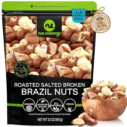 NUT CRAVINGS - Roasted & Salted Broken Brazil Nuts - No Shell, (32oz - 2 LB) Bulk Nuts Packed Fresh in Resealable Bag - Healthy Protein Food Snack, Food Assortments