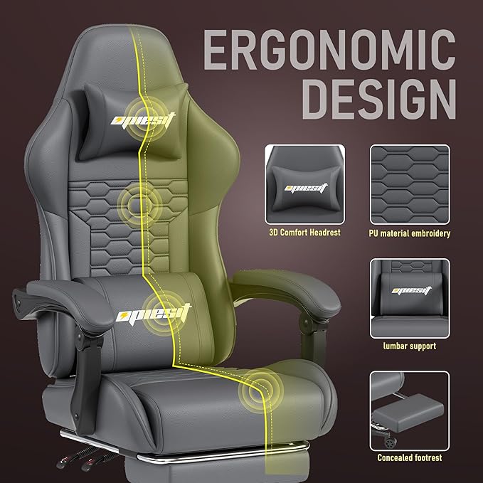 Gaming Chair, Computer Gaming Chairs with Footrest, Linkage Armrests and Lumbar Support, High Back Ergonomic Office Chair for Adults, Big and Tall Desk Chair(Grey)