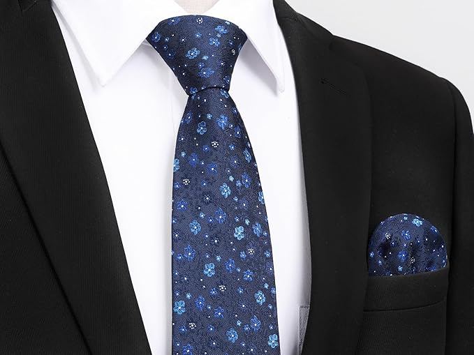 HISDERN Men Floral Ties Woven Classic 3.4" Necktie Set Formal Tie Pocket Square for Wedding with Handkerchief Gift Box
