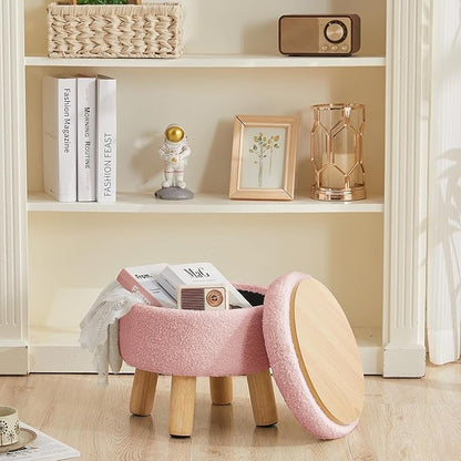 Small Foot Stool Ottoman with Storage, Sherpa Ottoman Foot Rest for Couch, Round Footstool with Storage, Small Ottomans and Footstools for Living Room and Entryway (Pink)