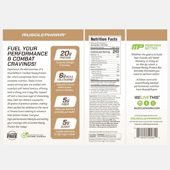 Muscle Pharm Combat Ready Chocolate Chip Cookie Dough Protein Bar,High Protein Bars,Combat Cravings,Fuel Performance & Meet Energy Demands,20g Protein from Whey Protein,5g Fiber,Gluten Free,4 Bars