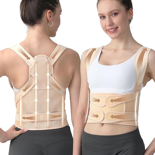 Posture Corrector for Women & Men, Adjustable Back Brace Shoulder Straightener with Full Back Support for Upper & Lower Back Pain, Spine Alignment, Hunchback, Scoliosis Relief (Large, Beige)