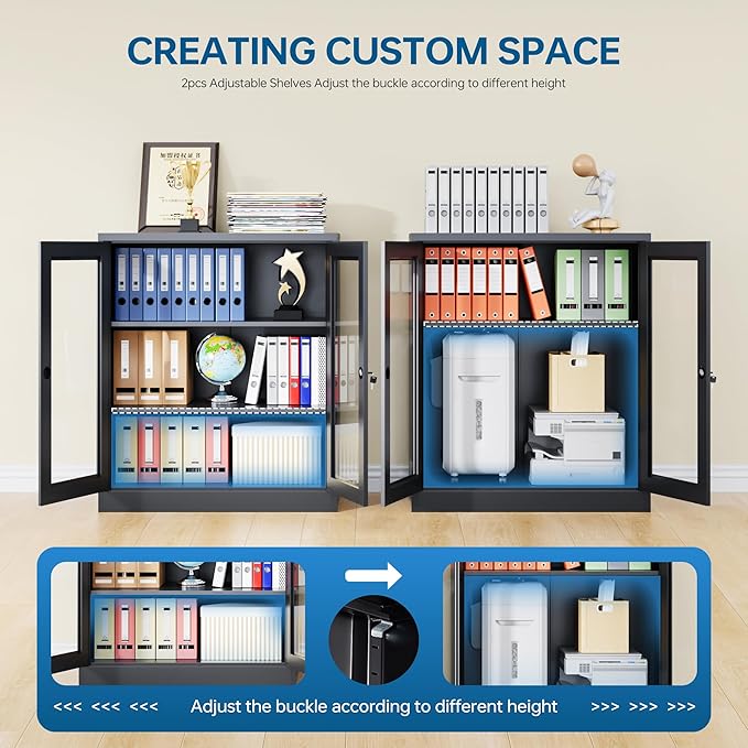 Storage Cabinet with 2 Adjustable Shelves, 35.4 Inches Metal Curio Display Cabinet with 2 Acrylic Doors, Locking Glass Display Case for Home, Office, Pantry, Assemble Required (Black)