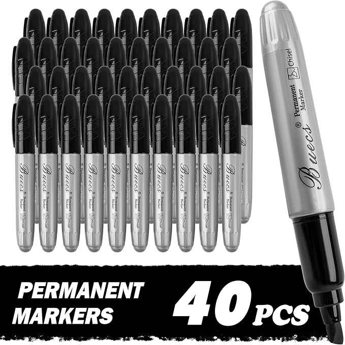 King Size Permanent Markers, 40 Count Black Jumbo Permanent Markers, Chisel tip, Waterproof & Smear Proof Markers, Quick Drying, Office Supplies for School, Office, Home