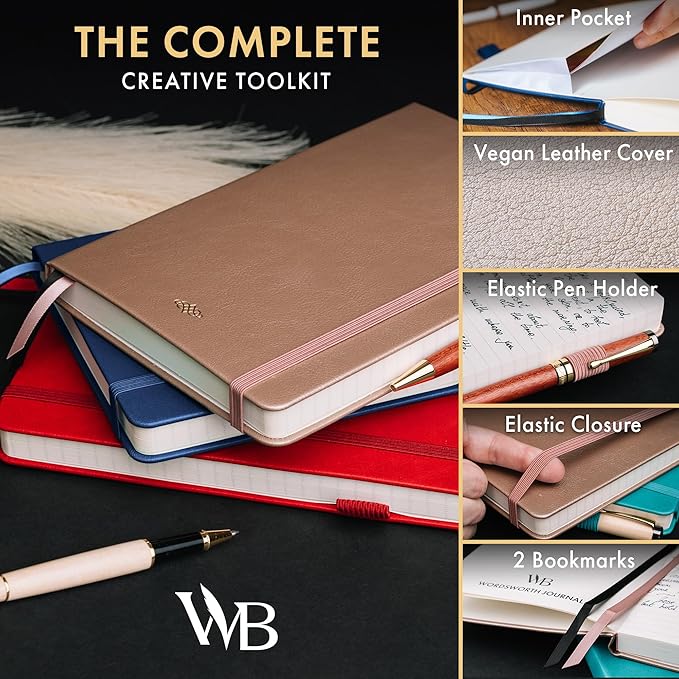 Wordsworth & Black A5 Lined Journal 216 Lined Pages, Hardcover Leather, 120 GSM Paper, Journaling Notebook for Work & Sketching, Journals for Women, Men - Gifts Box Included Blue