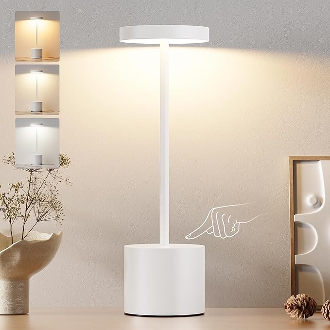 Kakanuo Cordless Lamp, Rechargeable Lamp, Touch Control, 3 Color Temperature, LED Outdoor Wireless, Battery Operated Lamps, Stepless Dimmable, White