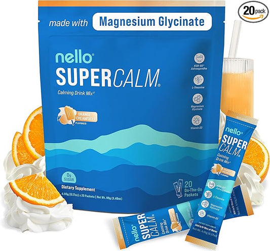 Nello Supercalm Powdered Drink Mix, Cortisol Reducer* and Sleep Aid Supplement, L Theanine, Ksm-66 Ashwagandha, Magnesium Glycinate, Vitamin D 3, No Sugar, Non GMO, On The Go, 20 Ct, Orange Creamsicle