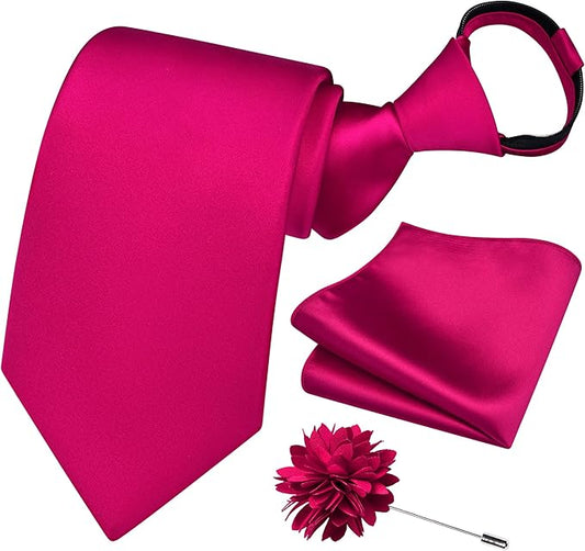 Branduce 3.15"（8cm） Pre-tied Adjustable Zipper Tie and Lapel Pin Solid Necktie Handkerchief Set for Men