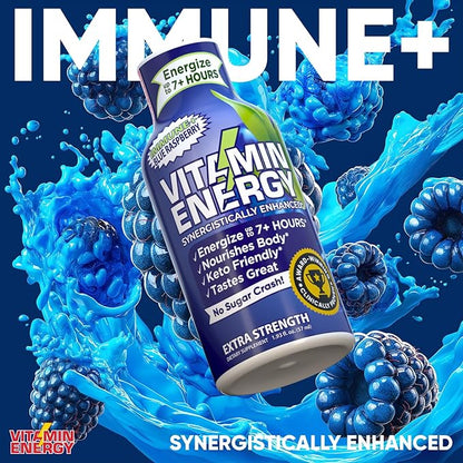 Vitamin Energy Immune+ Extra Strength Energy Shot Blue Raspberry 48 Pack, 260mg Natural Caffeine, B-Vitamins, Citicoline, Green Tea, Immunity & Focus Support, Zero Sugar, Gluten-Free 1.93 fl oz