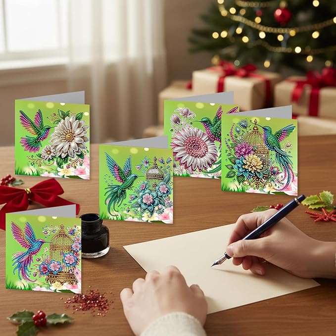 jinglinhh 12pcs Hummingbird Sunflower Diamond Art Painting Greeting Cards with Envelopes, DIY Card Making Kits for Adults, Diamond Art Christmas Cards for Birthday Holiday Postcards Craft Gifts