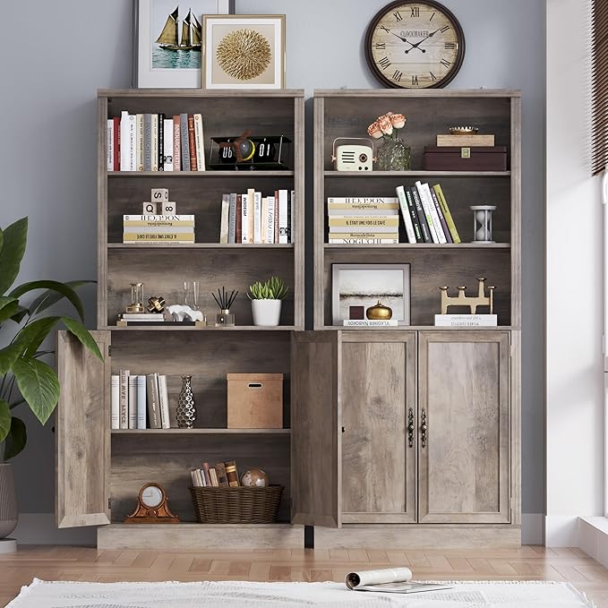 71.4" Tall Bookshelf with Cabinet, 5-Tier Floor Standing Bookcase with Doors & Adjustable Shelves, 31.5" Wide Storage Shelf, Metal Handles, Modern Organizer for Home Office, Living Room