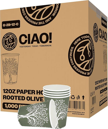 CIAO! 12oz Paper Hot Cup, Rooted Olive Print, (Case of 1,000)