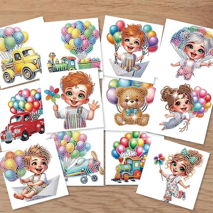jinglinhh 12pcs Diamond Art Painting Balloon Pickup Truck Train Greeting Cards with Envelopes, DIY Card Making Kits for Adults, Diamond Art Christmas Cards for Birthday Holiday Postcards Craft Gifts